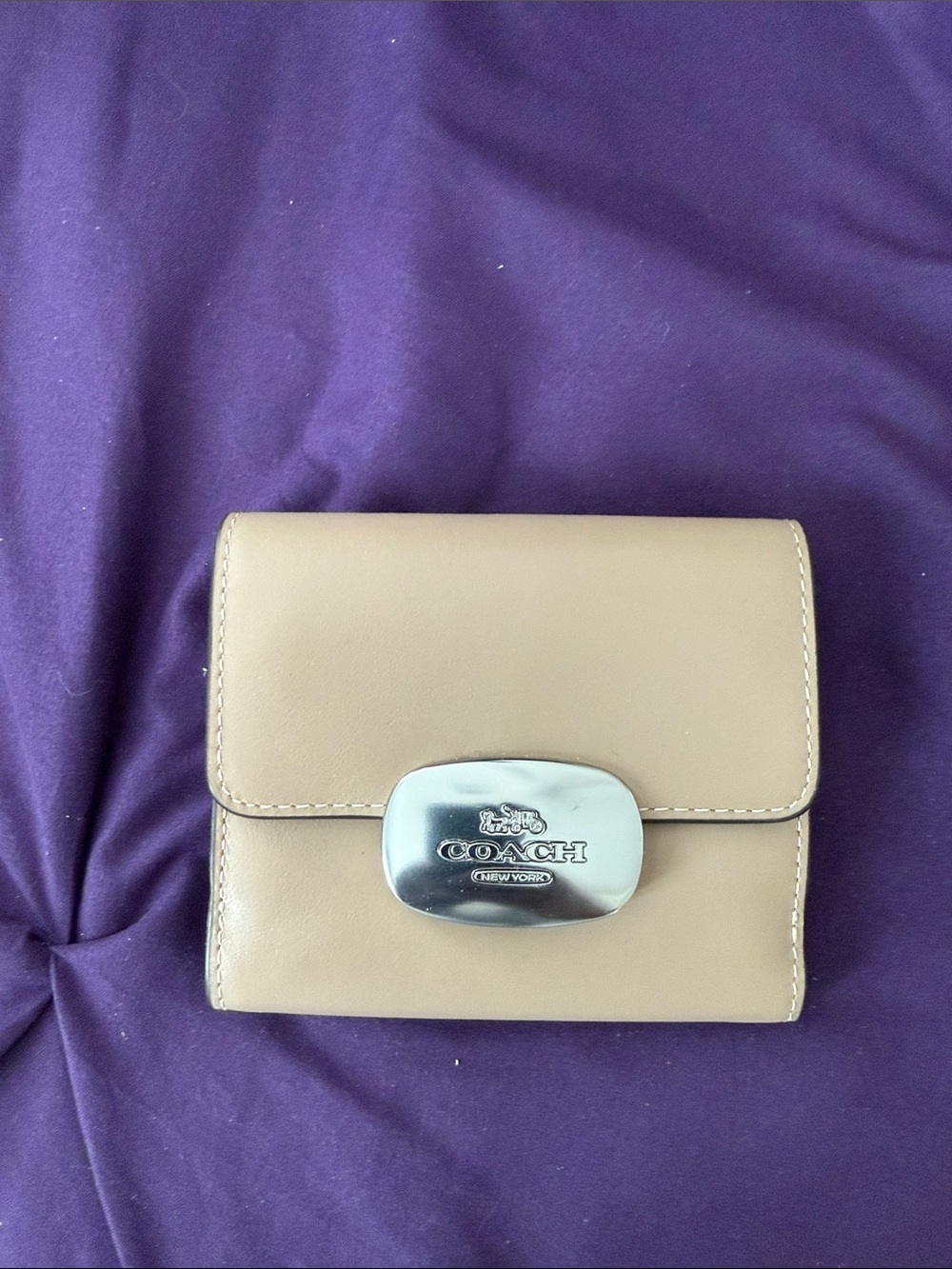 Coach Taupe Leather Compact Wallet with Silver Logo Plaque